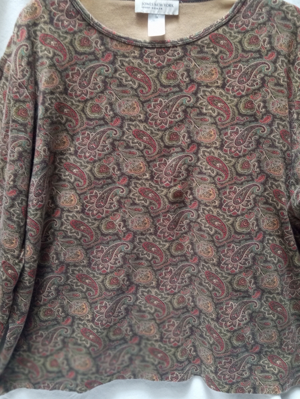 Jones New York Paisley Long Sleeve Top - Olive Green & Burgundy